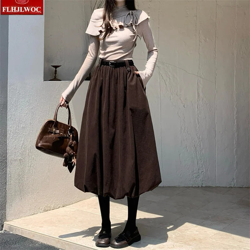 Corduroy Bubble Skirt High Waist Woman Autumn Winter Puffy Midi Skirt with Pockets A Line Flared Skirts With Belt