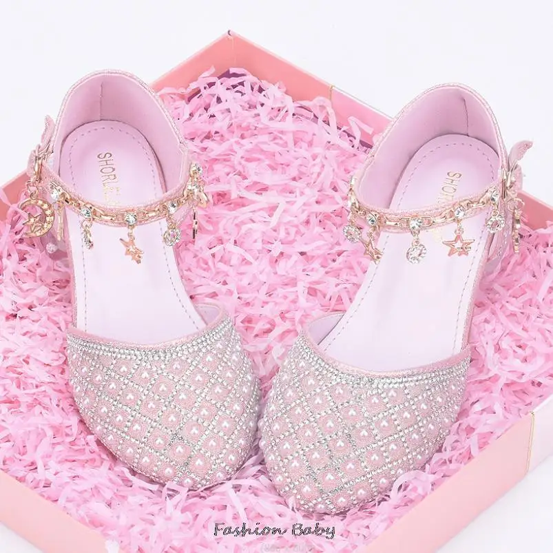 Princess Girls High Heels New Children With Pink Dance Single Girl Crystal Sandals Bowknot Rhinestone Beaded Leather Shoes