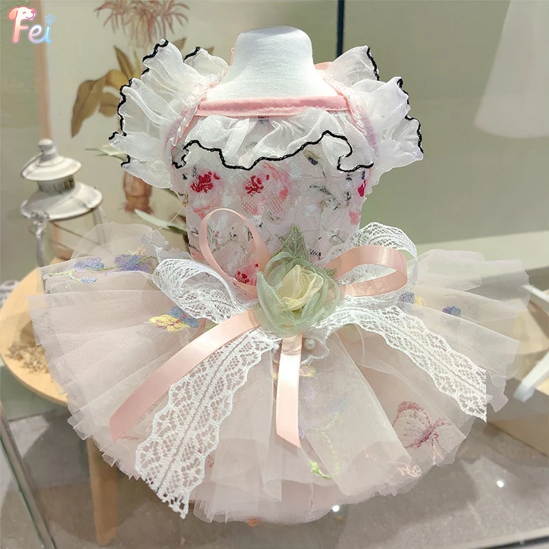 ملابس أنيقة للكلاب من الدانتيل مُزينة بنقشة الزهور، فستان الأميرة توتو للحيوانات الأليفة، زي الكلاب، ملابس الحفلات للكلاب الصغيرة