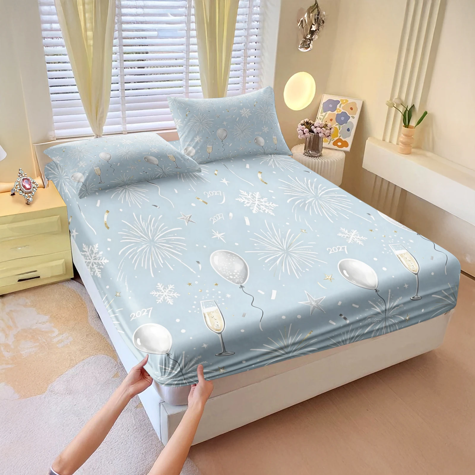 New Year Fitted Sheet Set Firework Balloon Snowflake Print 360° Elastic Deep Pocket Mattress Cover with Pillowcases Bedding Set