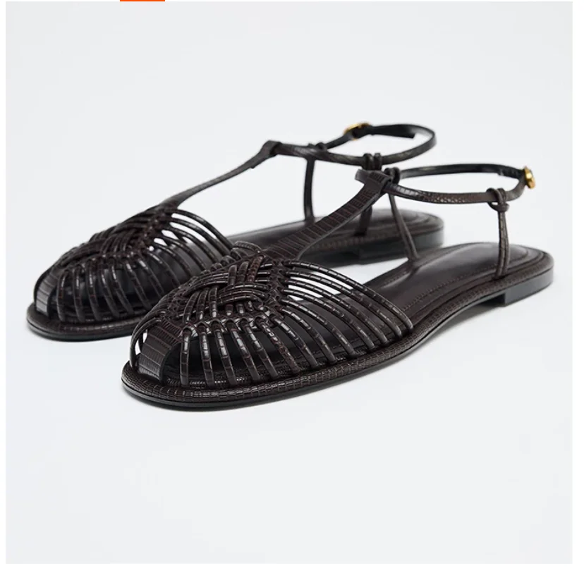 

2026 Summer Round Toe Cut Out Weave Knit Sandals Flat Heel Ankle Strap Shoes For Women Fashion Concise Casual Streetwear