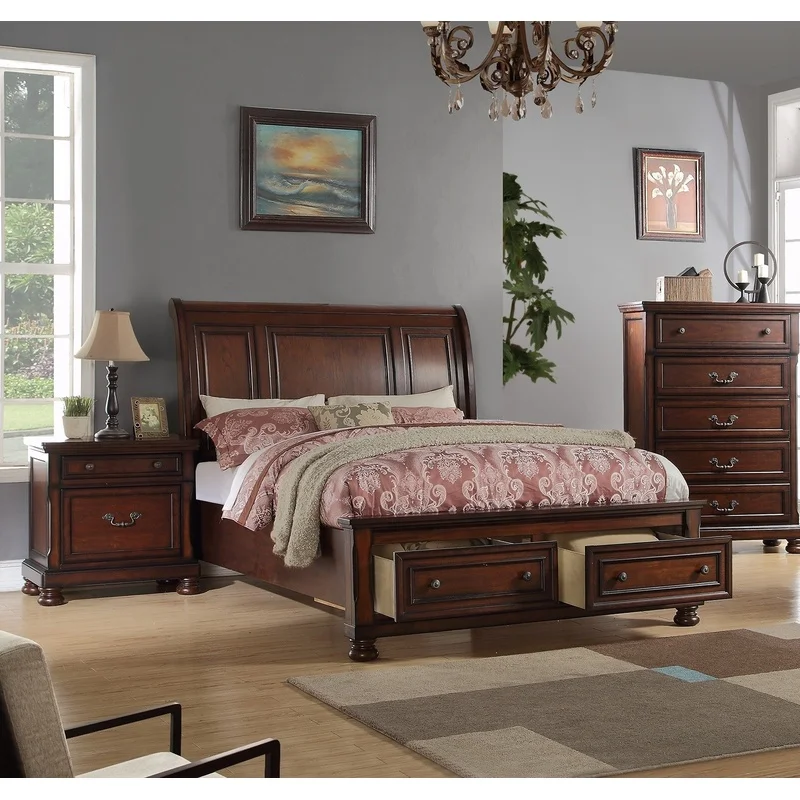 

Queen Size Bedroom Set with Panel Footboard, 2 Nightstands, Drawers, Antique Cherry Finish