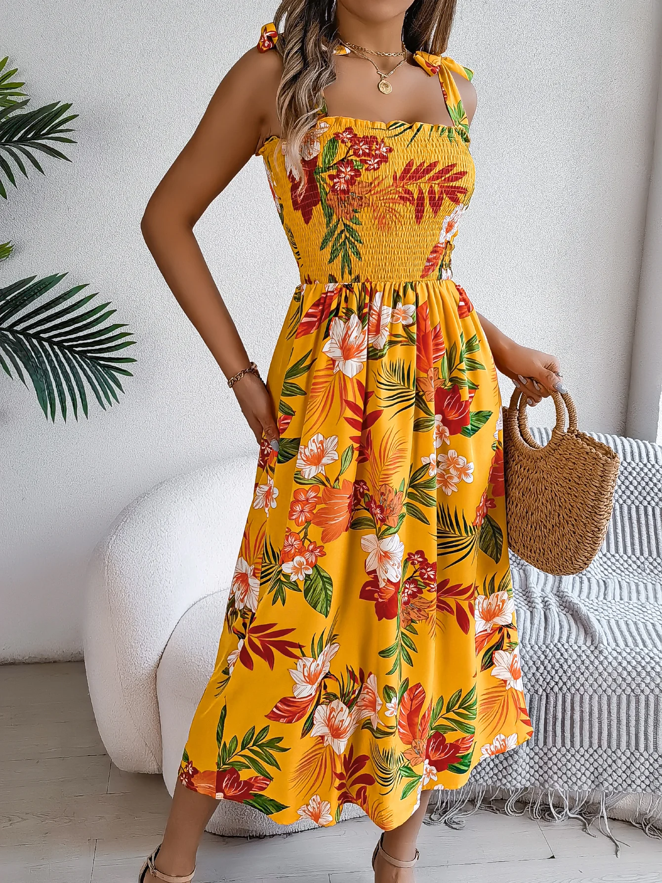 Spring Summer Floral Print Long Dress Lace up Sleeveless Vacation Dresses for Women