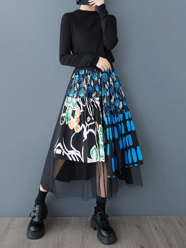 

Fashionable Printed Panel Mesh Half Skirt plus Size Women's Casual Asymmetrical Skirt Spring Summer New Style Versatile Skirt