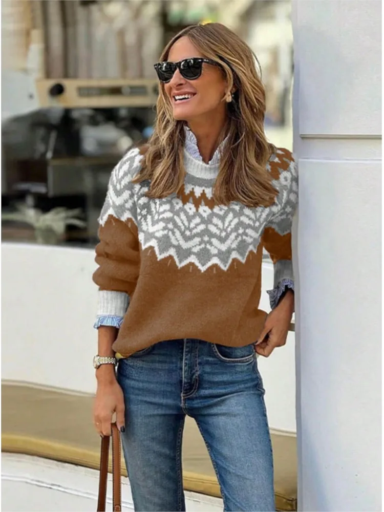 Maglione natalizio allentato da donna nuovo autunno inverno girocollo maglione pullover casual elegante di alta moda da donna in stile etnico