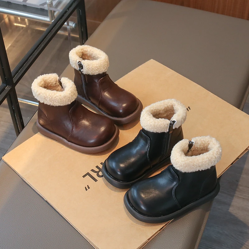 

Children Fashion Leather Boots Kids Warm Cotton Shoes Lightweight Non-slip Boys Girls Causal Ankle Boots Classic 2026 Winter New