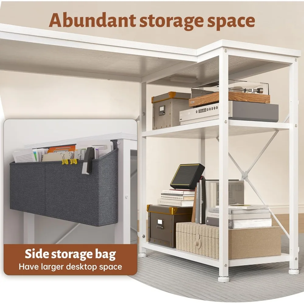 48 Inch L Shaped Desk with Storage Shelves & Side Bag, Computer Desks