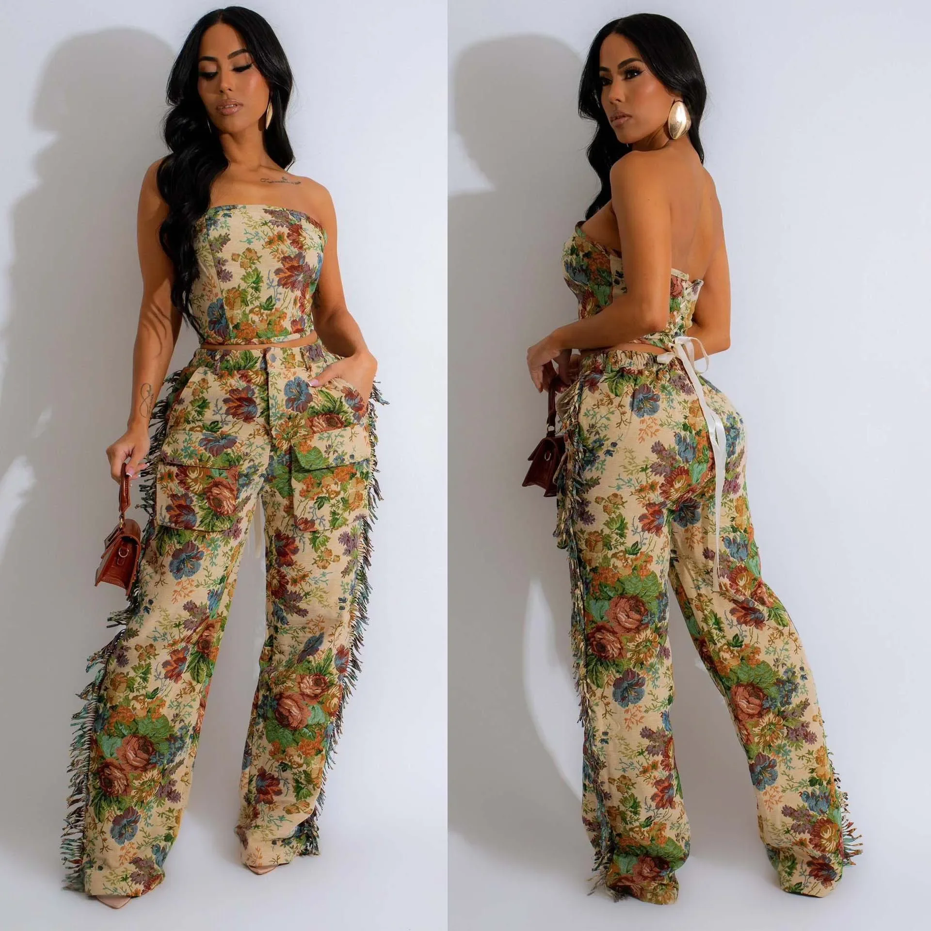 Sexy Crop Tops Two Piece Pant Set Outfits Matching Sets 2024 Women Elegant Flower Fringe Wide Leg Pant 2 Piece Summer Set