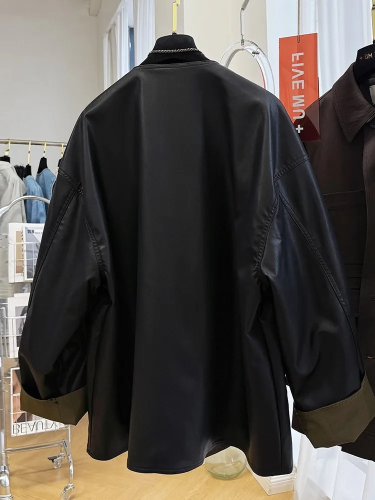 2026 New Lazy Sle Loose Casual Double-Sided Wear round Ne PU Leather Jaet Women Spring Autumn Long Sve Regular Fit