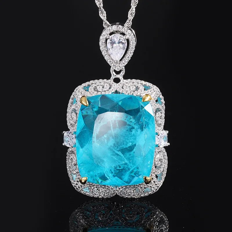Jewelry S925 Silver Hot Selling Emerald Paraiba Fat Rectangular Large Pendant Luxurious Inlaid 20*23