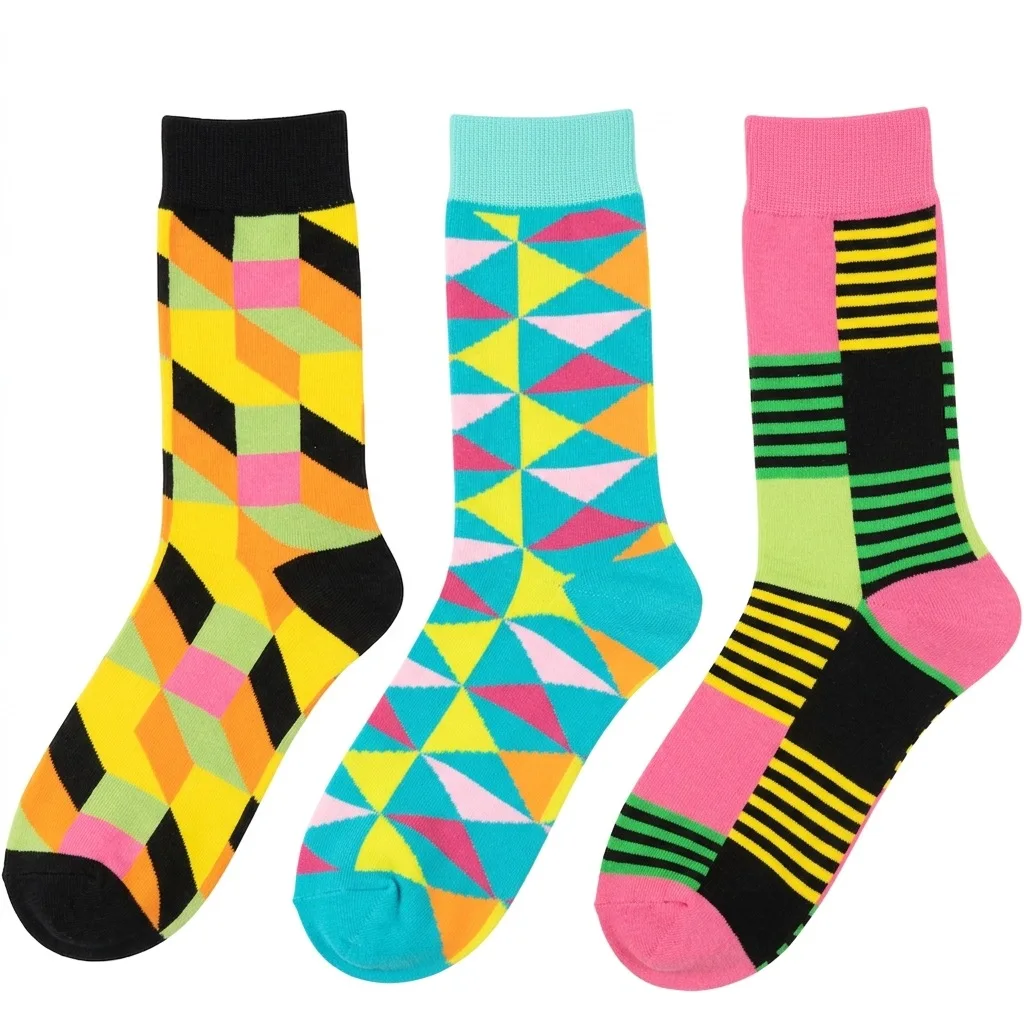 Set of 3 Pairs Unisex Festive Geometric Mid-Calf Socks, Multi-Color Contrast Splicing Assorted Holiday Socks, Versatile Casual Socks for Christmas, Daily Outfits and Party Looks
