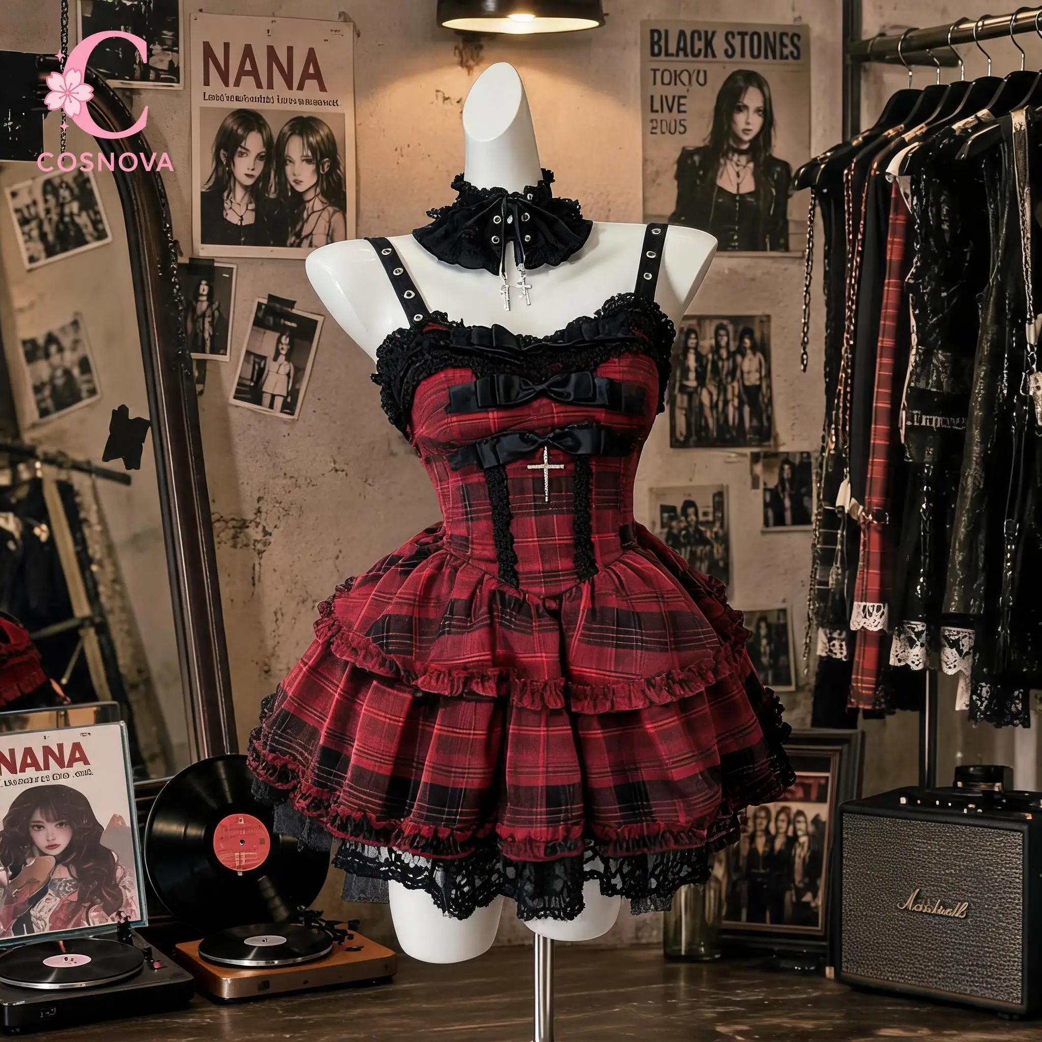 Nana Style Japanese Vintage Goth Punk Princess Women Plaid Lace Bow Cross Cami Ruffle Mini Dress Sexy 2000s Club Streetwear Outf