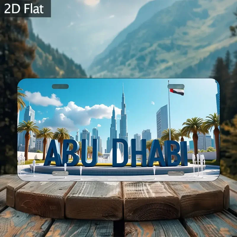 Aluminum Vintage Abu Dhabi License Plate, Featuring Burj Khalifa and the Uae Flag, Retro Metal Tin Sign Wall Decoration, Suitable for Home Bar Staff