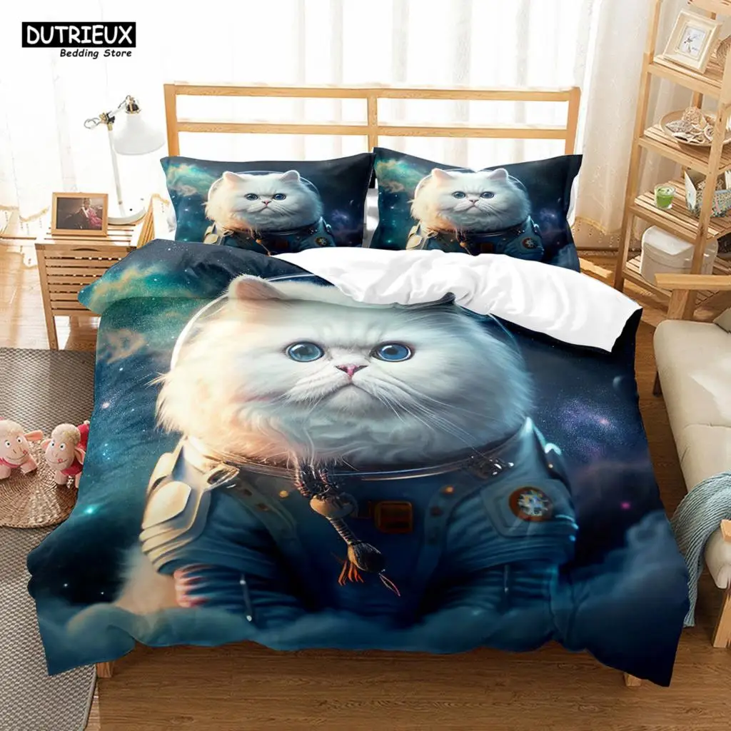 

Space Cat King Queen Duvet Cover Cute Astronaut Kitty Bedding Set Universe Pet Animal Dog Quilt Cover Polyester Comforter Cover