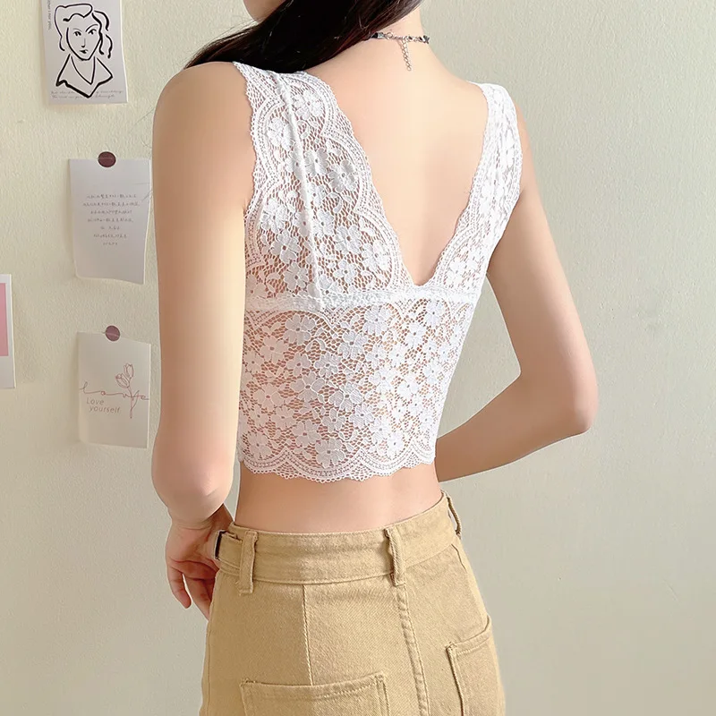 Spitzen-BH-Top mit tiefem V-Ausschnitt, Damen-Bralette, kurzer Spitzen-Tank-BH, sexy Dessous, bügellose Unterwäsche, gepolsterter Cropped-Camisole-BH – Detail 4