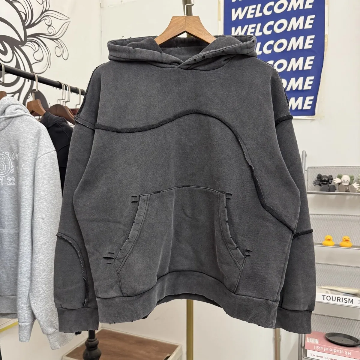 Retro washed patchwork ripped hooded Hoodie Men Women Best Quality Pullover