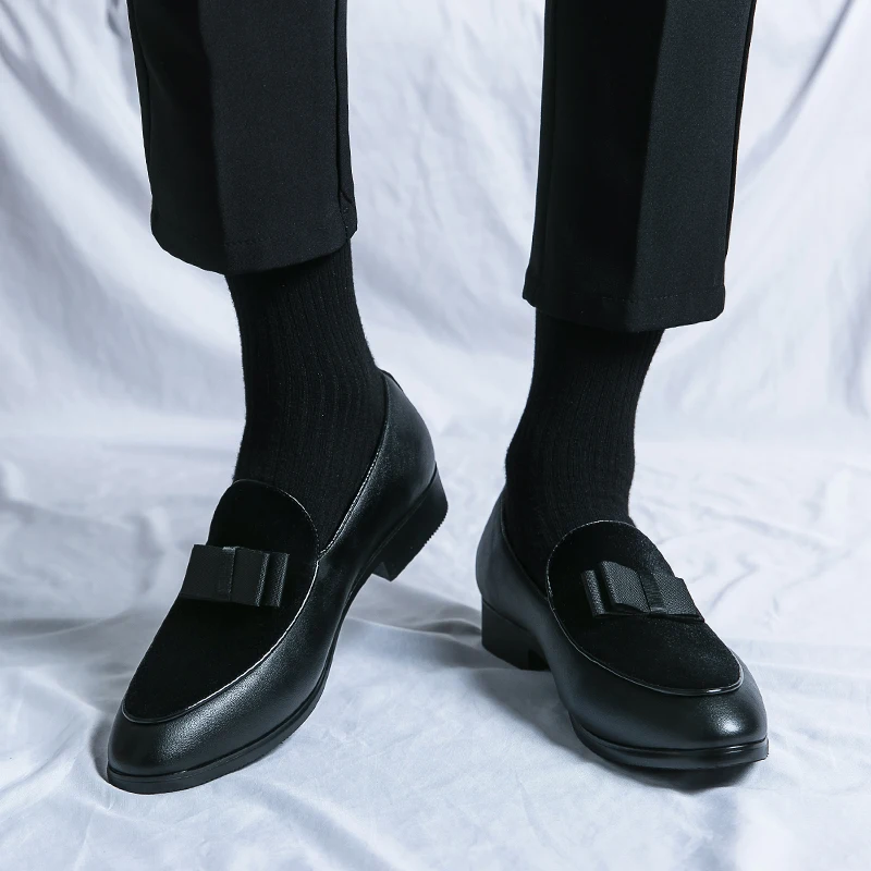 

New Men Genuine Leather Loafers Shoes Male Wearing Lazy Bow Lucky Shoes Pointed Toe Dress Shoes Wedding Business Platform Shoes