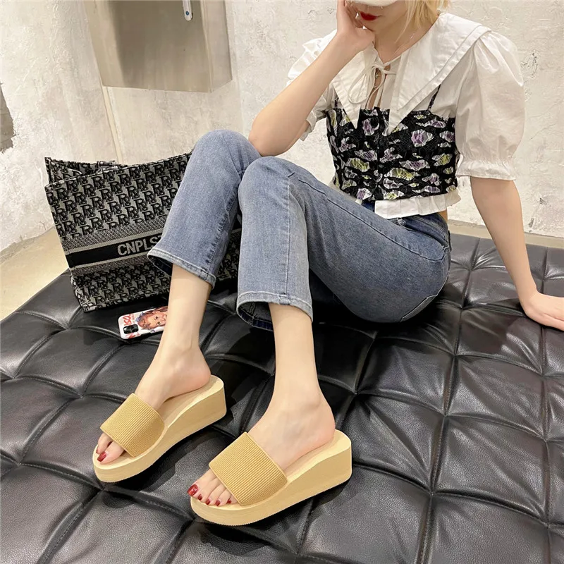 COOTELILI 2022 New Fashion Slippers Women Shoe Platform Round Toe Summer Women Slippers Blue Pink Yellow 5cm Heel 35-40