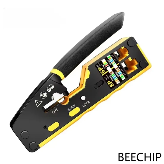Zaciskarka do kabli sieciowych RJ45 - 3-w-1: zaciskanie/cięcie/odizolowanie kabli LAN CAT8/7/6A/6/5E (STP/UTP) i kabli telefonicznych RJ11/12 BEECHIP