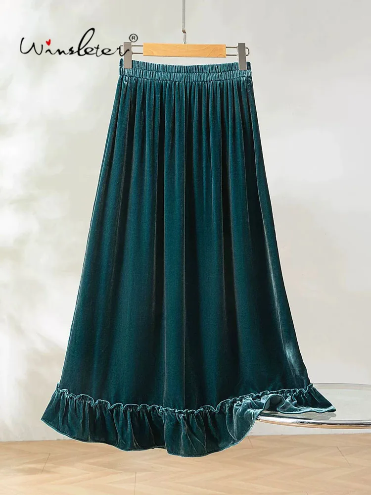 Winsleter-Silk Velvet Elegant Skirts, Elastic Waist Ruffles, Women French Commute Temperament A-line Skirt, 2026 Autumn B68539CC