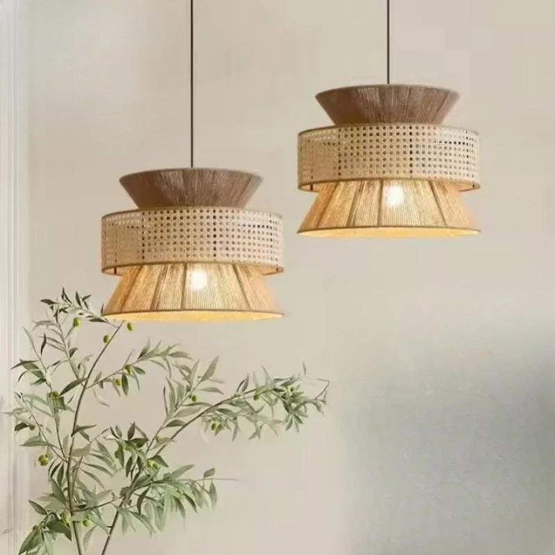 Wabi-sabi style hemp rope rattan chandelier round multi-layer design decorative pendant