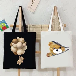 Cute Teddy Bear Pattern Tote Bag Women Men Cartoon Shopping Bags Casual Canvas Shoulder Bag Teen Portable Storage Bag Handbags