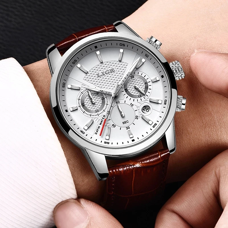 LIGE – montre en cuir à Quartz pour hommes, décontractée, mode Sport, marque supérieure, style militaire, étanche, avec Date