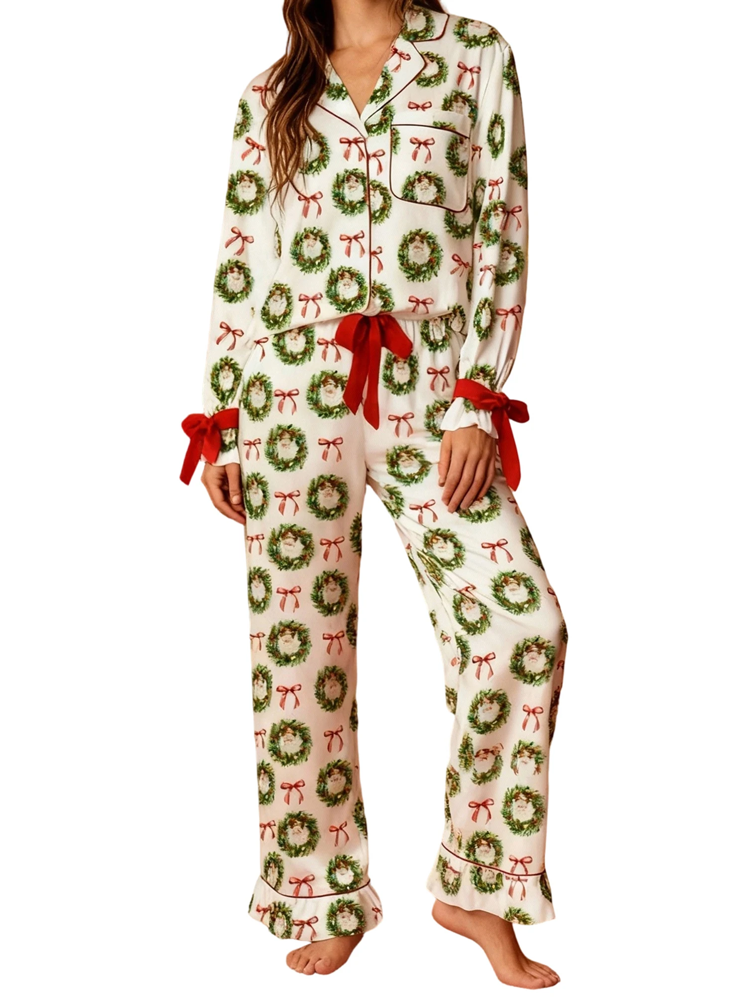 

Women s Christmas Pajama Set Long Sleeve Lapel Wreath Print Shirt Pants Sleepwear Sets