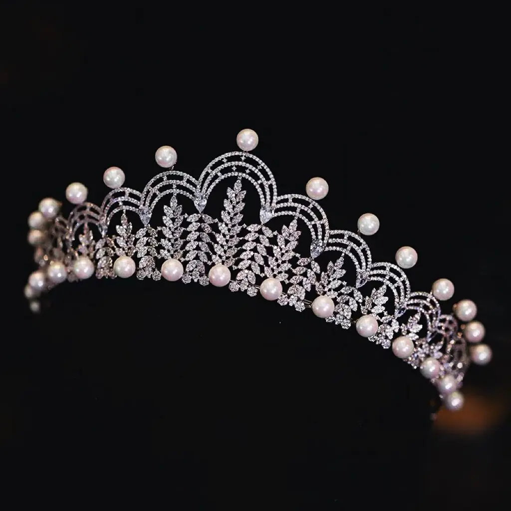 

European CZ Zircon Crystal Brides Crowns Headbands with Freshwater Pearls Bridal Tiara Headpieces Wedding Hair Accessories