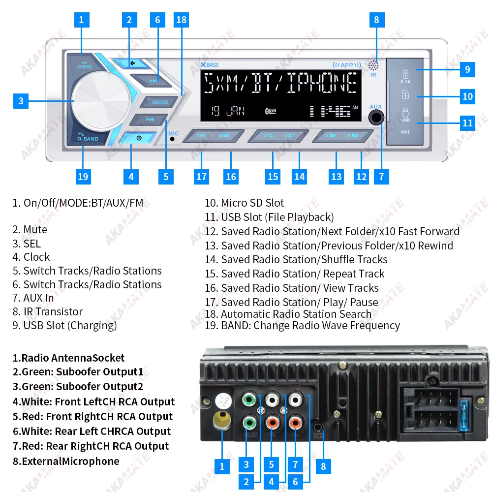 AKAMATE 1Din Bootsradio für RV ATV UTV SPA RZR Marine Media Stereo Player Bluetooth AUX USB mit Fernbedienung FM AM Radio – Detail 10