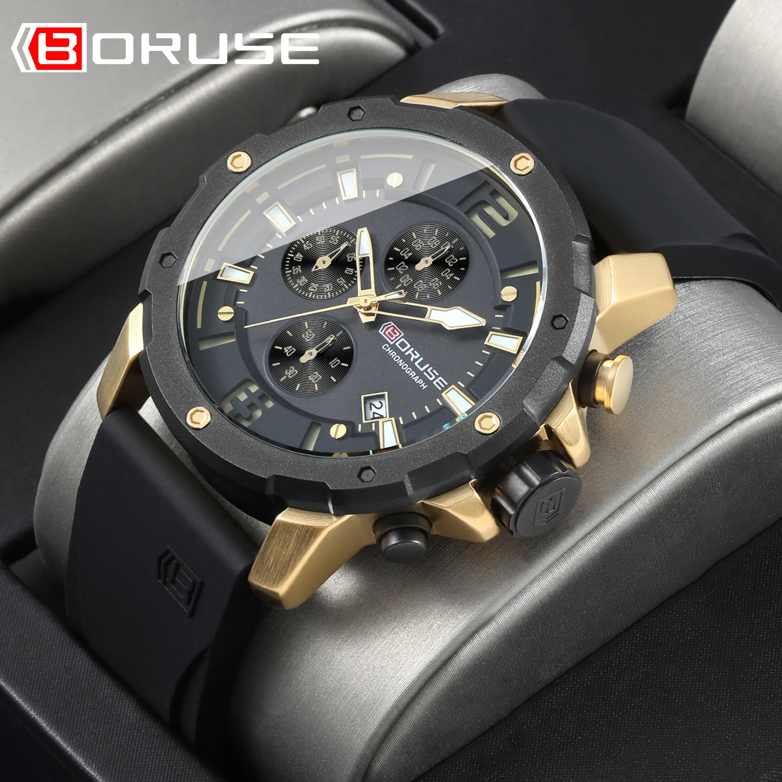 BORUSE Watches for Men Chronograph Silicone Quartz Watch Men Luminous Waterproof Sport Reloj Hombre