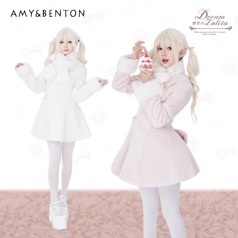 Sweet Girl Autumn Winter New Lolita Princess Wool Coat for Women Thickened Warm Cute Plush Turn-down Collar Slim Mid-length Coat