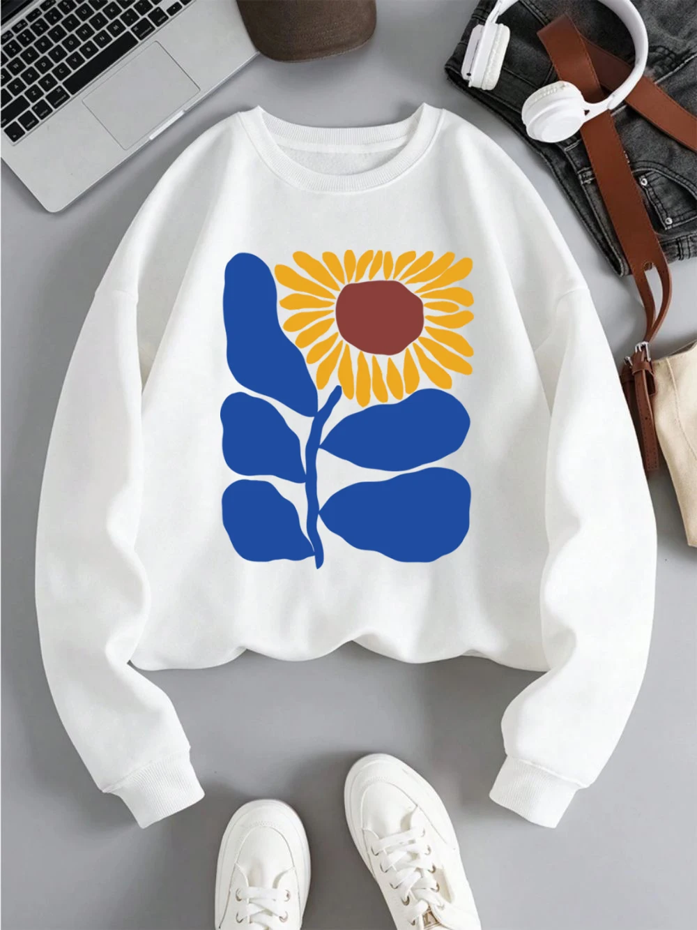 Colored Sunflower Sweatshirt Women Graffiti Prints Hoodie Fleece Warm Crewneck Loose Pullover Casual Comfortable Female Tops