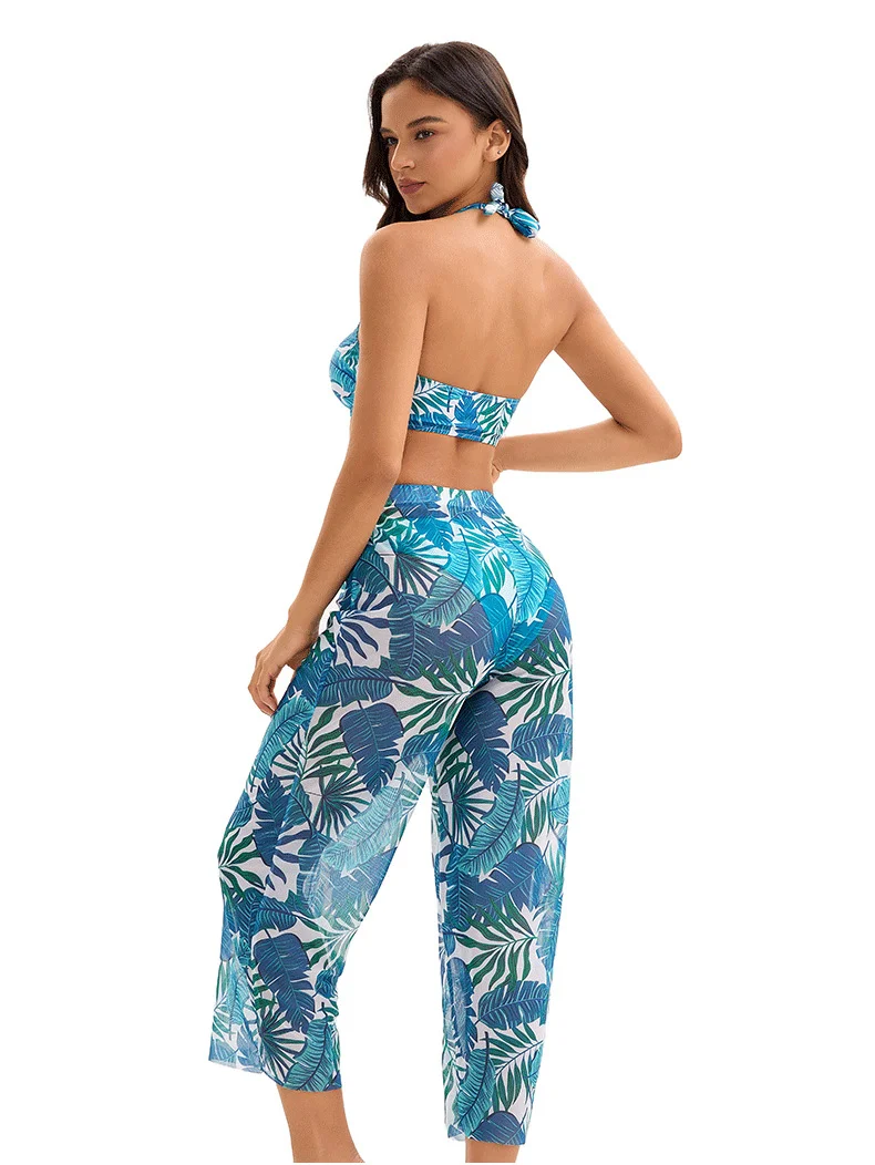 Women's 3-Piece Printed Swimsuit Set - Halter Tie Bikini + Triangle Bottom +  Pants, Stylish Swimwear for Beach Va