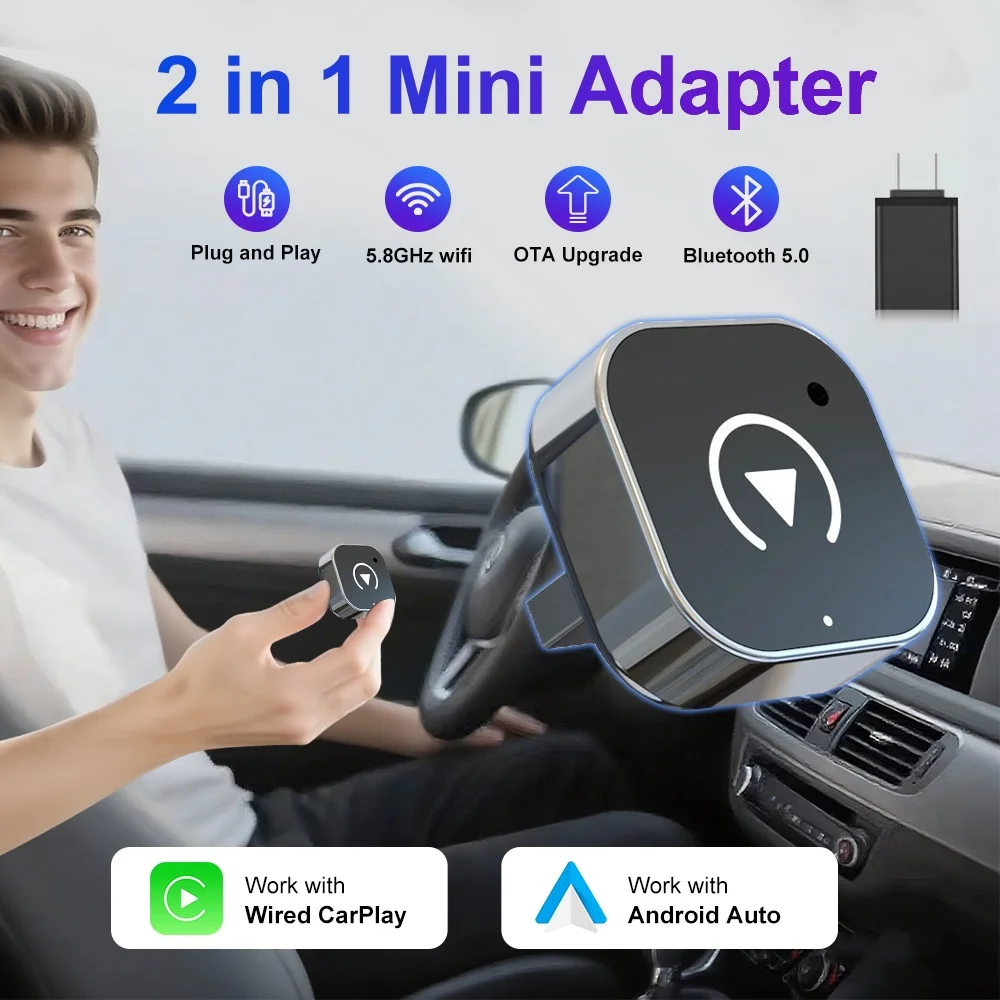 Adaptateur CarPlay sans fil 2-en-1 NOUVEAU 2026 – Dongle filaire vers sans fil pour Apple et Android – Plug and Play – Accessoire universel pour voiture