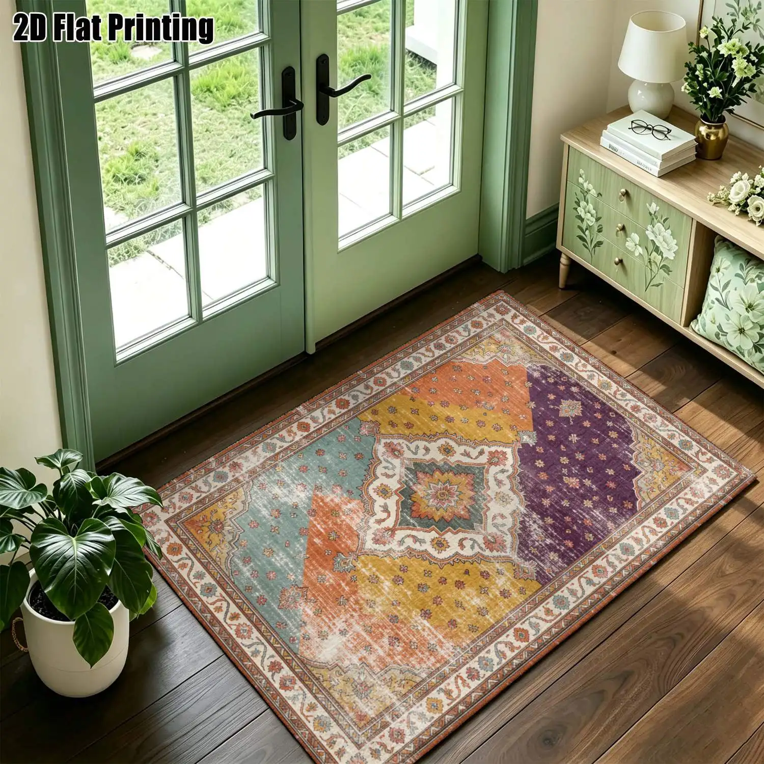 1Pc 2D Printed Retro Patchwork Geometric Carpet: European, Bohemian Style, Home Decor, Multi-Size, Machine-Washable, for Entrance, Dining Room, Foyer, Bedroom, Living Room