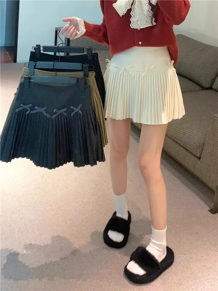 Elegant High Waist A-Line  Skirt with Bow Detail in White Woolen Fabric Korean Style Commute Pure Color Spring Fashion
