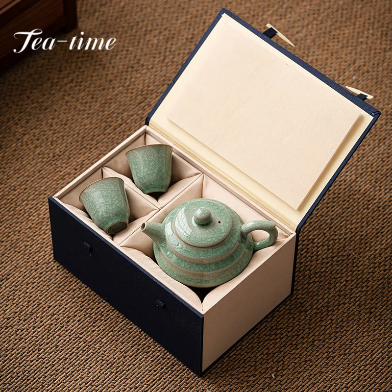 290ml Retro Ice Flower Stone Ladle Pot Elegant Ru Kiln Open Piece Teapot Soaking Kettle with Infuser Chinese Tea Set Accessories