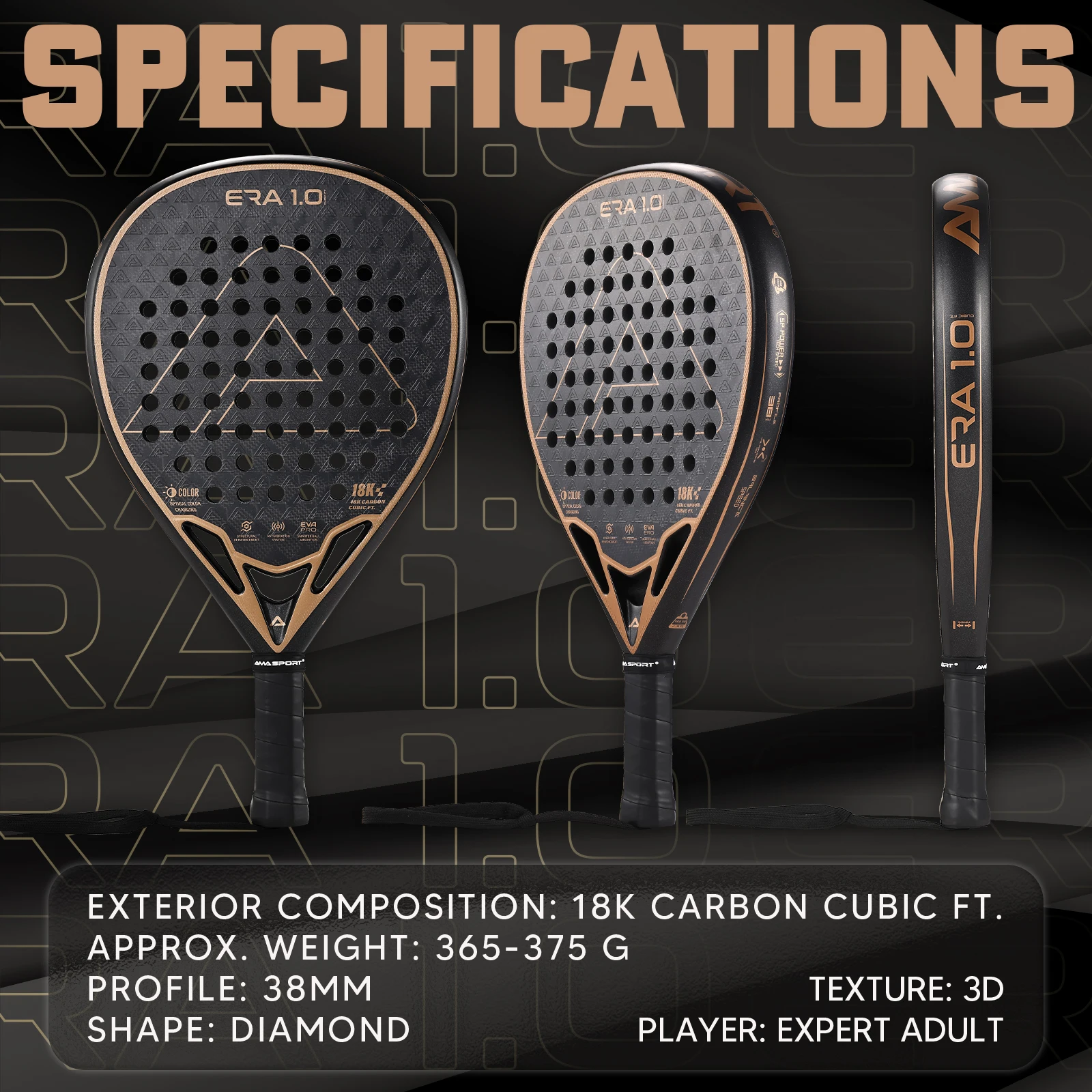 AMASPORT 18K Padel Racket The Era Cubic Series Diamond Shape & Inteliigence Rebound Cork يوفر تجربة ضرب رائعة