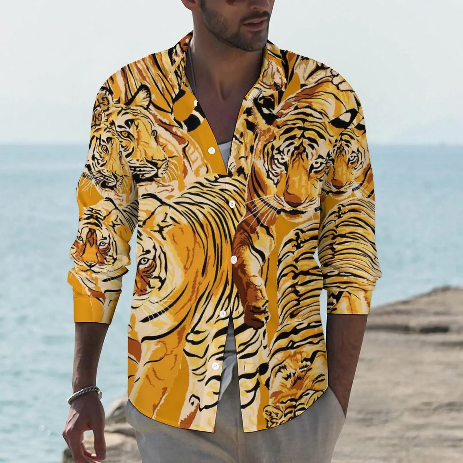 

Many Tigers Shirt Autumn Wild Animals Pattern Casual Shirts Man Fashion Blouses Long Sleeve Custom Streetwear Plus Size 3XL 4XL