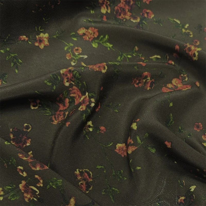 

1 meter 100% Mulberry Silk 16 momme Crepe Silk Fabric Army Green Small Floral Printed 140cm 55" wide by the yard JX224
