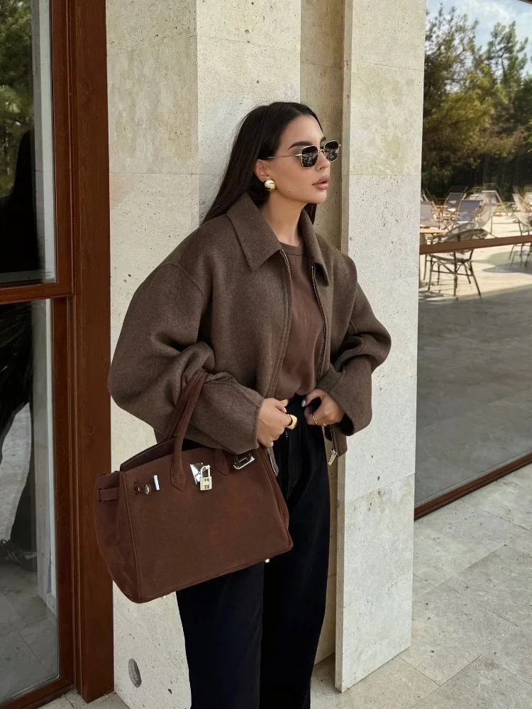 Chaqueta corta de lana marrón Vintage para mujer, abrigos recortados con cremallera, manga larga, solapa elegante, ropa de calle elegante para