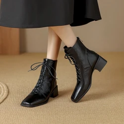 NEW Autumn Women Shoes Square Toe Chunky Heel Boots Split Leather Shoes for Women High Heel Ankle Boots Lace-up Designer Boots