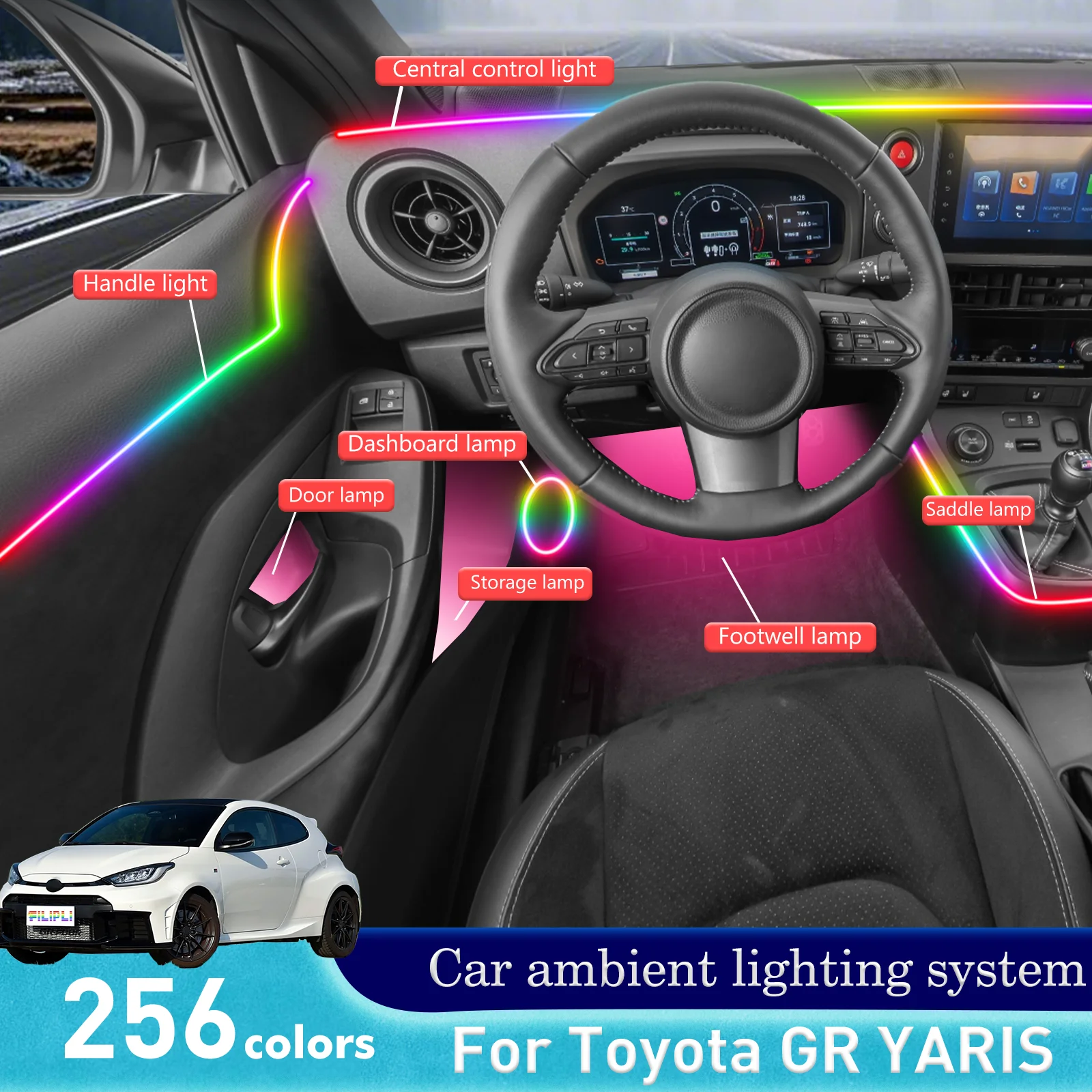 For Toyota GR YARIS RGB 64 Colors LED Car Interior Ambient Light Smart Remote Control Rainbow Acrylic Strip Kit