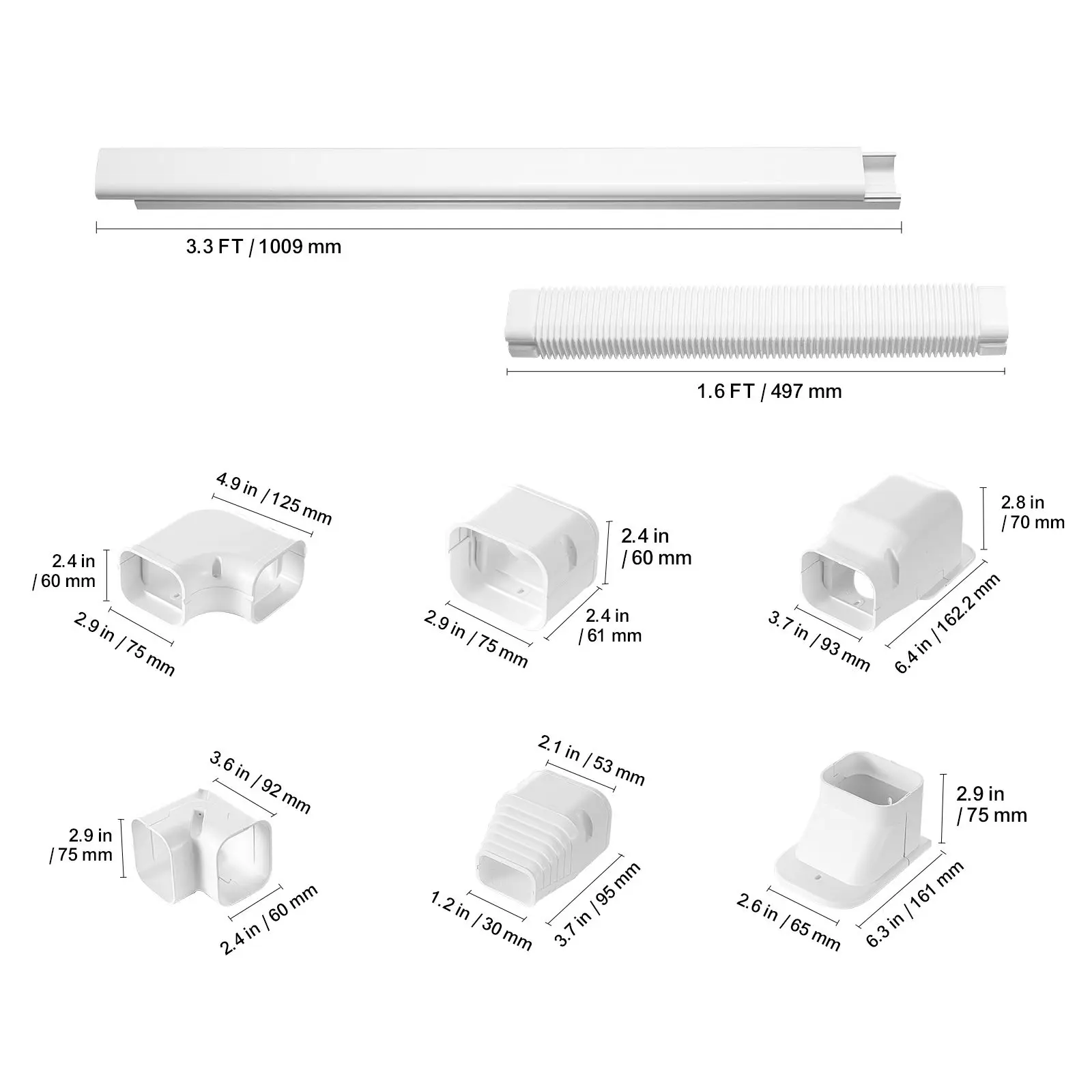 Mini Split Line Set Cover 3-inch W 17.6Ft L, PVC Decorative Pipe Line Cover For Air Conditioner with 4 Straight Ducts & Full Components Easy to Install, Paintable for Heat Pumps, White