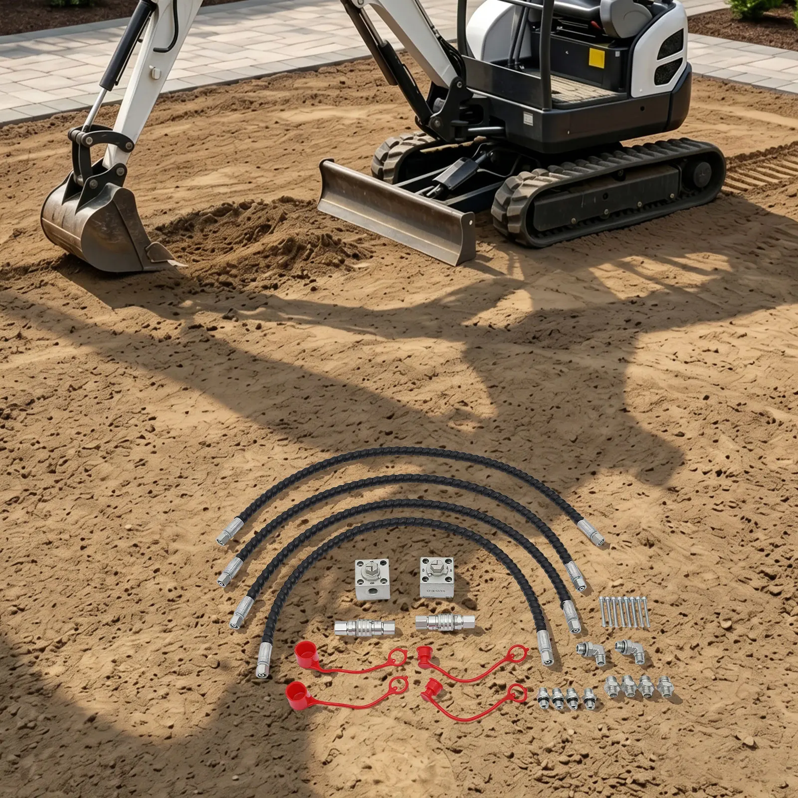 Set di raccordi rapidi idraulici per mini escavatore, accessori in acciaio al carbonio per mini escavatori con 4 tubi e 2 valvole a tre vie per escavatori con peso inferiore a 4409,25 libbre, per il