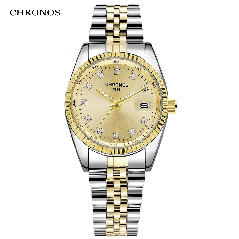 CHRONOS Men Luxury Rhinestone Watch Gold Waterproof Stainless Steel Bracelet Calendar Wrist Watch Male Two Tone Business Clock