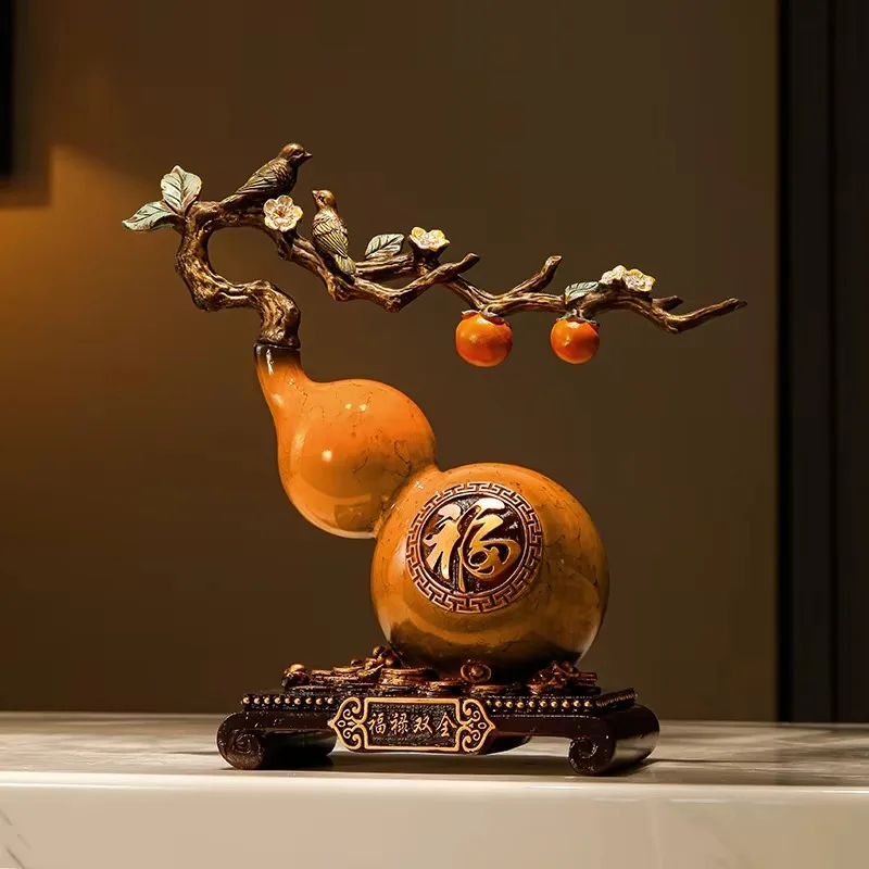 Dual Bulb Gourd Tabletop Decor Twisted Branch Bird Persimmon Accent Engraved Plinth Indoor Display Craft Delicate White Blossom