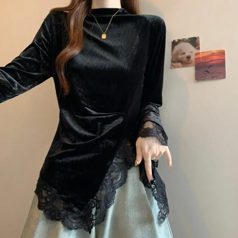 

Irregular Golden Velvet Bottoming Shirt Women's Autumn Winter Large Size Slightly Semi-Turtleneck Lace Slim-Fitting Thin Top