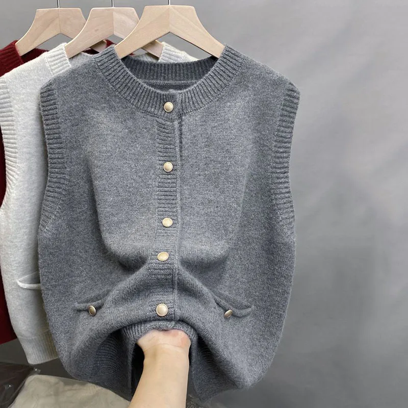 New Sleeveless Sweater Cardigan Woman Fashion Single-breasted O-neck Knitted Vest Female All-match Basic Knitwear Waistcoat 2026